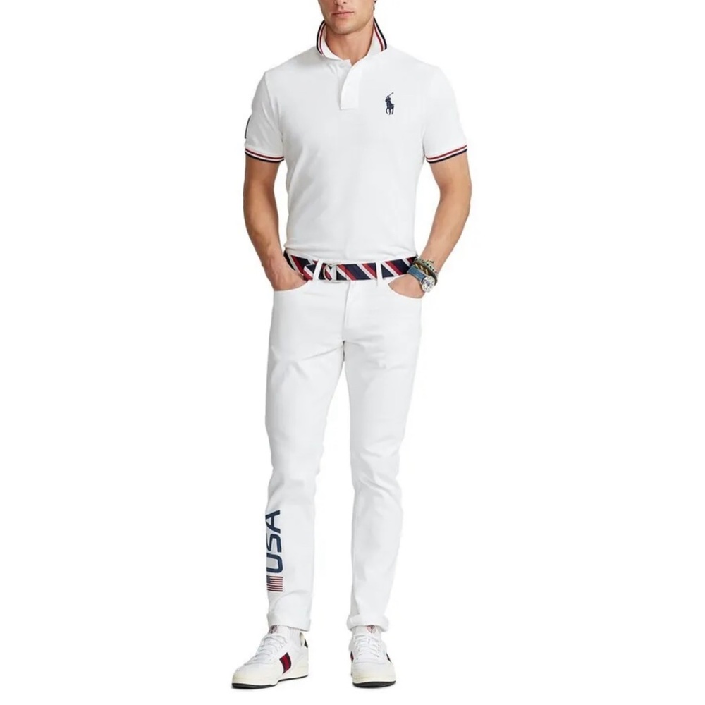 NEW Polo Ralph Lauren Team Mens USA 2020 Olympic Flag White Jeans Denim